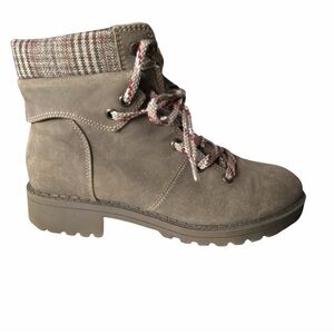 Jellypop Stella Taupe Lace-Up Ankle Boots with Plaid Accent